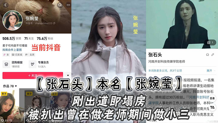 【张石头】本名 张婉莹，刚出道即塌房，被扒出曾在做老师期间做小三，网上还流传出两部不雅视频